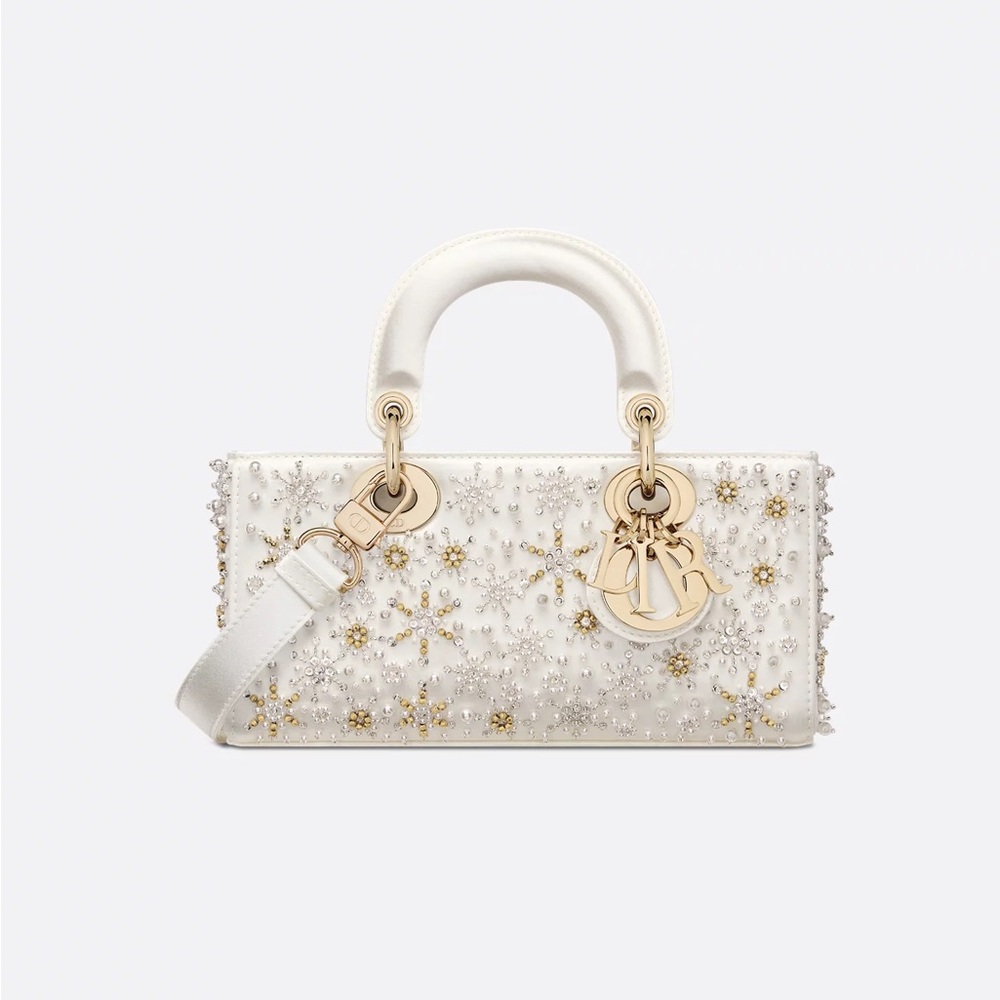 Dior Small Lady D-Joy Bag Latte Satin Embroidered with White Resin Pearls